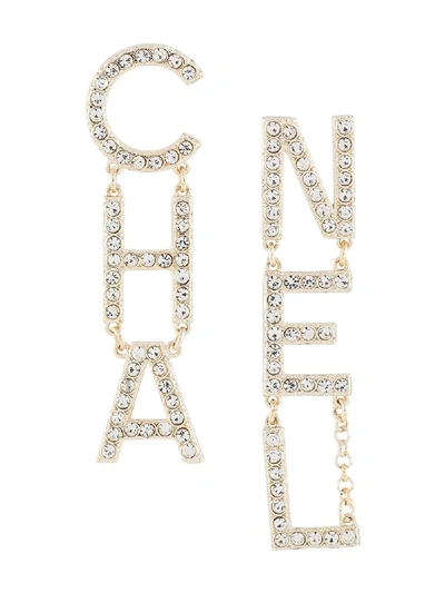 Pre-owned Chanel Crystal-embellished Logo Drop Earrings In Gold