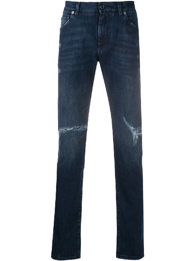 Shop Dolce & Gabbana Ripped Mid-rise Skinny Jeans In Blue