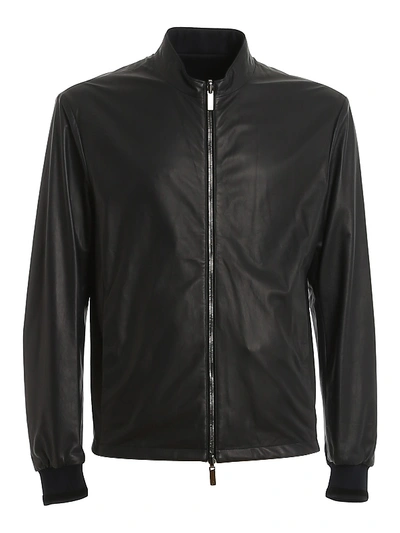Shop Giorgio Armani Lamb Leather Jacket In Dark Blue