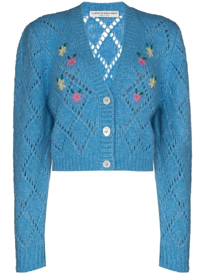 Shop Alessandra Rich Floral Cropped Cardigan In Blue