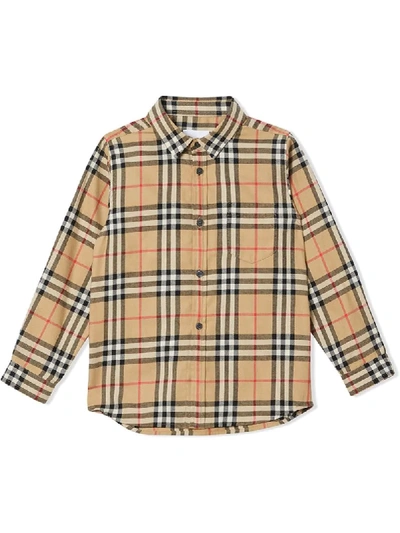 Shop Burberry Teen Vintage Check Cotton Flannel Shirt In Neutrals