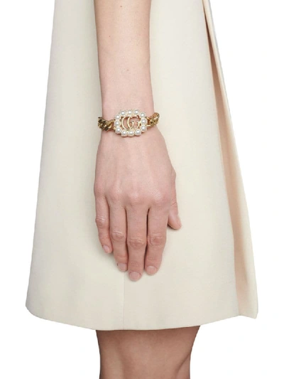 Shop Gucci Pearl Double G Bracelet In Gold
