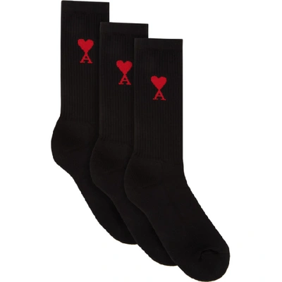 Shop Ami Alexandre Mattiussi Three-pack Black Ami De Coeur Socks In Black 001