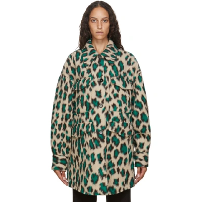 Shop Mm6 Maison Margiela Beige And Green Leopard Wool Oversize Coat In 001f Leopar