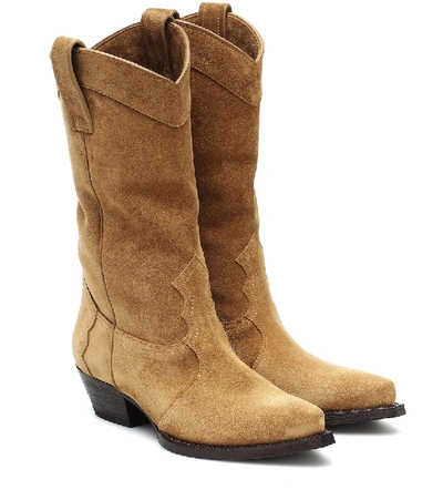 Shop Saint Laurent Lukas Western Suede Boots In Beige