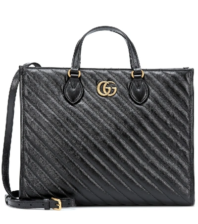 Shop Gucci Gg Marmont Medium Leather Tote In Black