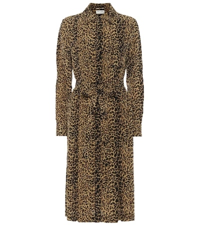 Shop Saint Laurent Leopard-print Silk Shirt Dress In Brown