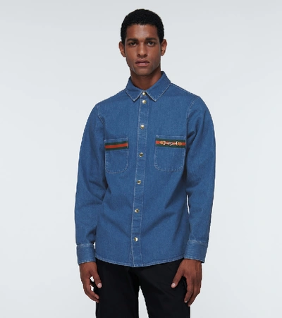 Shop Gucci Stonewashed Denim Shirt With Web In Blue