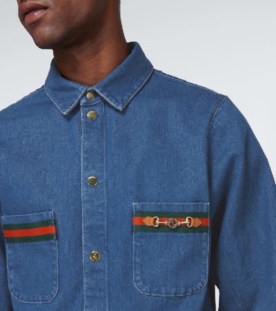 Shop Gucci Stonewashed Denim Shirt With Web In Blue