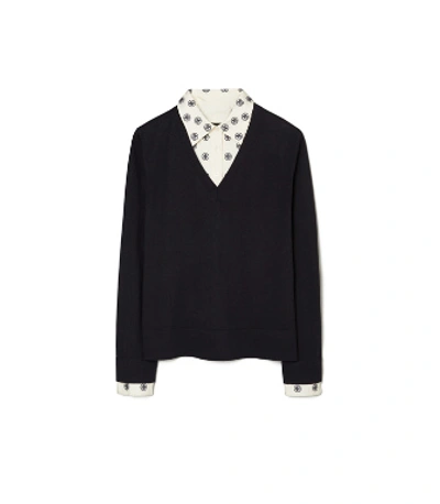 Shop Tory Burch Embroidered Dickie V-neck Sweater In Navy Blue