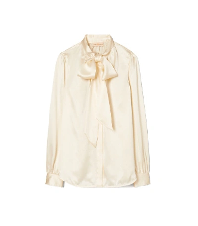 Shop Tory Burch Satin Bow Blouse In White