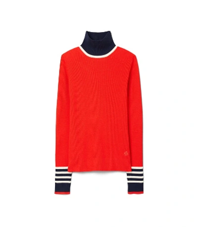 Shop Tory Sport Merino Ribbed Turtleneck Sweater In Red