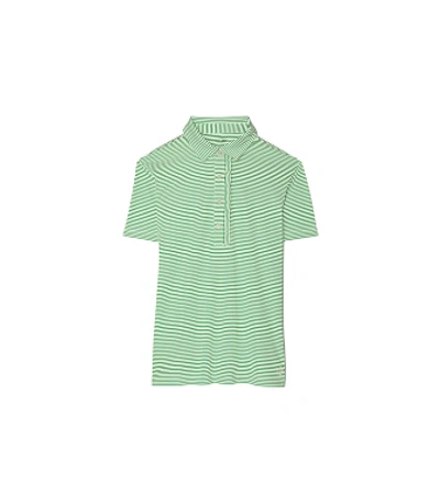 Shop Tory Sport Performance Striped Ruffle Polo In Court Green Pinstripe