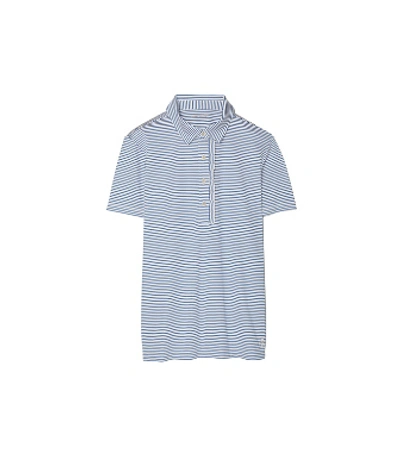Shop Tory Sport Performance Striped Ruffle Polo In Surf Blue Pinstripe