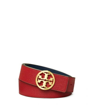 Shop Tory Burch 1 1/2" Reversible Double T Belt In Redstone/royal Navy/gold