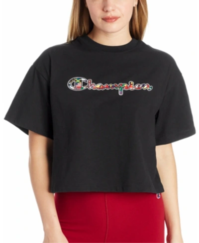 Shop Champion Women's Printed-logo Cropped T-shirt In Black