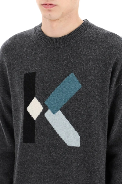 Shop Kenzo K Intarsia Sweater In Grey,black,light Blue