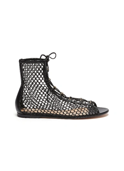 Shop Gianvito Rossi Fishnet Lace Up Flat Leather Boots In Black