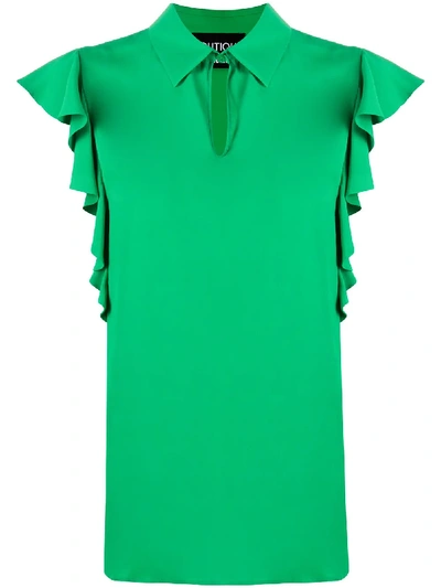 Shop Boutique Moschino Ruffled Sleeve Collared Blouse In Green