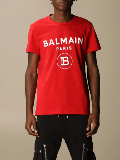 Shop Balmain Cotton T-shirt With Logo In Red