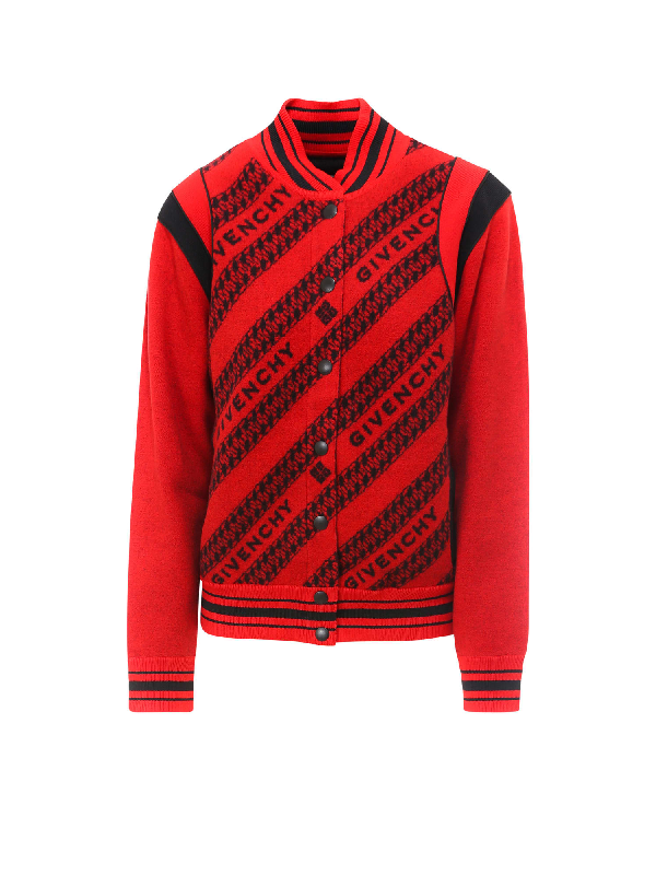 Givenchy Logo Chain Knit Wool Varsity Jacket In Red | ModeSens