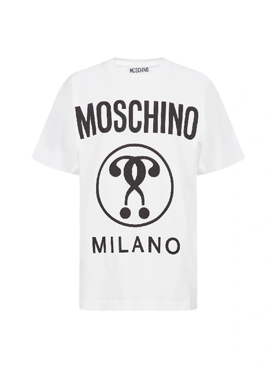 Shop Moschino Double Question Logo Cotton Oversized T-shirt In Fantasy Print White