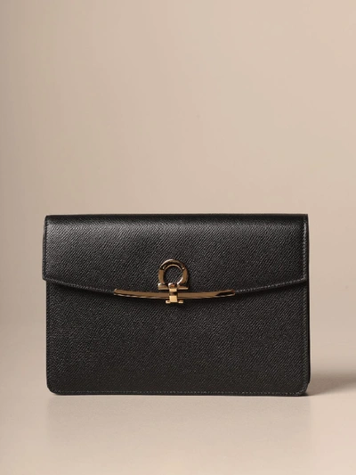 Shop Ferragamo Gancini Bag In Grained Leather In Black