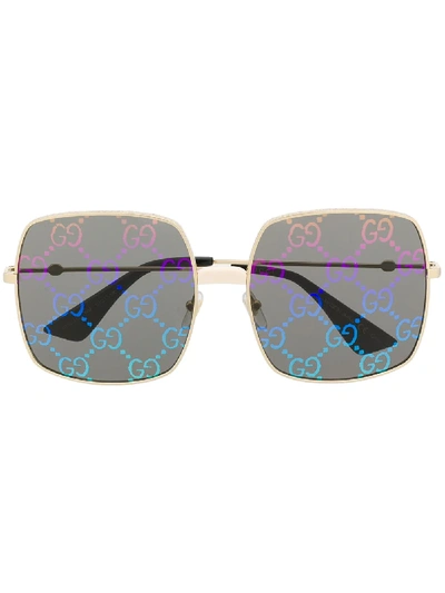 Shop Gucci Gg Holographic Square-frame Sunglasses In Gold