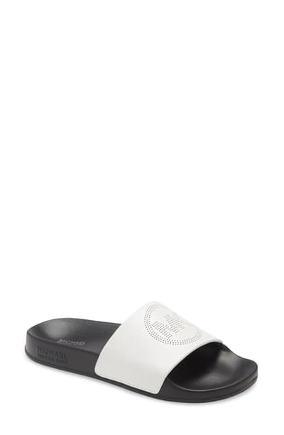 Shop Michael Michael Kors Gilmore Perforated Logo Slide Sandal In Optic White