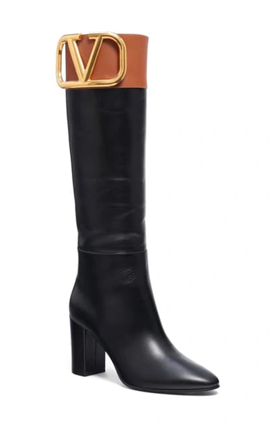 Shop Valentino Supervee Vlogo Knee High Boot In Black/ Selleria