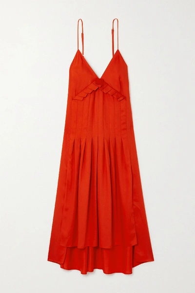 Shop Mother Of Pearl + Net Sustain Auraura Asymmetric Pleated Lyocell Midi Dress In Orange