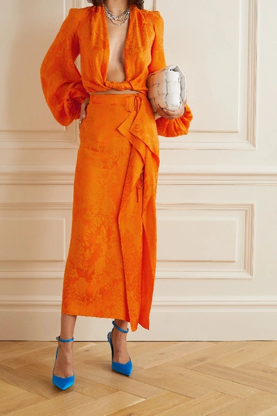 Shop Attico Draped Satin-jacquard Midi Skirt In Orange