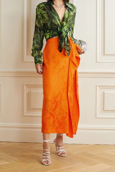 Shop Attico Draped Satin-jacquard Midi Skirt In Orange