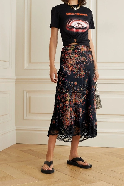 Shop Paco Rabanne Lace-trimmed Floral-print Satin Midi Skirt In Black