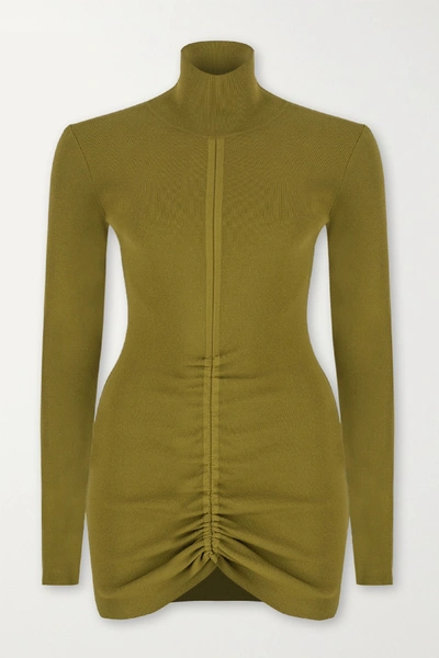 Shop Zeynep Arcay Ruched Ribbed-knit Turtleneck Mini Dress In Army Green