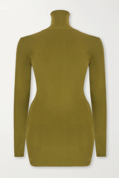Shop Zeynep Arcay Ruched Ribbed-knit Turtleneck Mini Dress In Army Green