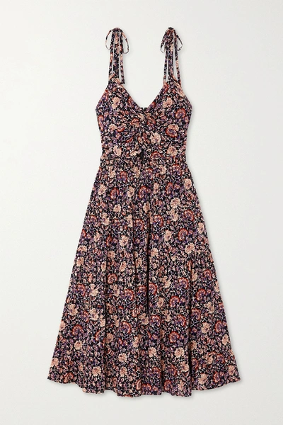 Shop Ulla Johnson Kali Knotted Cutout Floral-print Cotton-blend Midi Dress In Plum