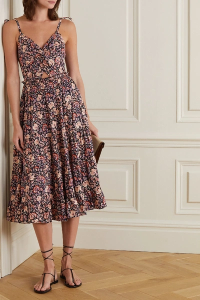 Shop Ulla Johnson Kali Knotted Cutout Floral-print Cotton-blend Midi Dress In Plum