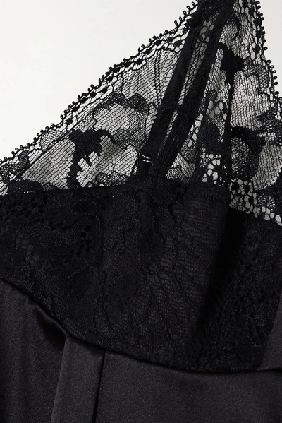 Shop La Perla Adele Leavers Lace-trimmed Stretch-silk Satin Chemise In Black