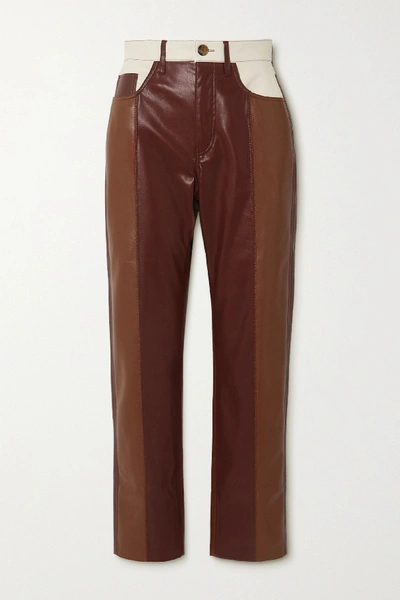Shop Nanushka Vinni Cropped Color-block Vegan Leather Straight-leg Pants In Brown