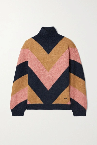Shop Victoria Victoria Beckham Oversized Color-block Jacquard-knit Turtleneck Sweater In Mustard