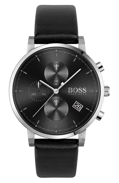Shop Hugo Boss Integrity Chronograph Leather Strap Watch, 43mm In Black/ Silver