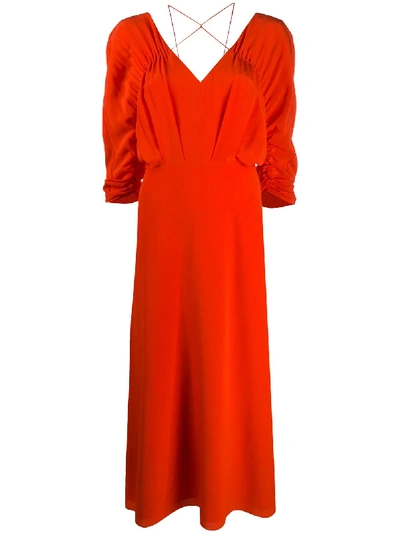 Shop Victoria Beckham Draped-sleeve Drawstring Midi Dress In Orange