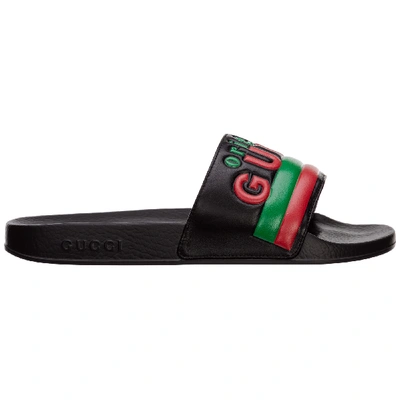 Shop Gucci Men's Genuine Leather Slippers Sandals In Black