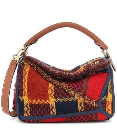 Shop Loewe Puzzle Small Leather-trimmed Tartan Bag In Red