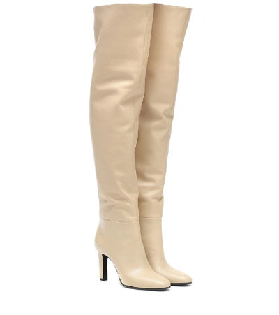 Shop Saint Laurent Jane 90 Leather Over-the-knee Boots In Beige