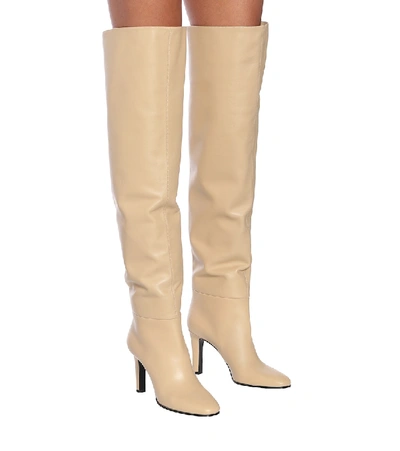 Shop Saint Laurent Jane 90 Leather Over-the-knee Boots In Beige