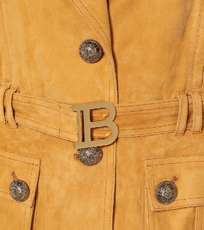 Shop Balmain Suede Jacket In Brown