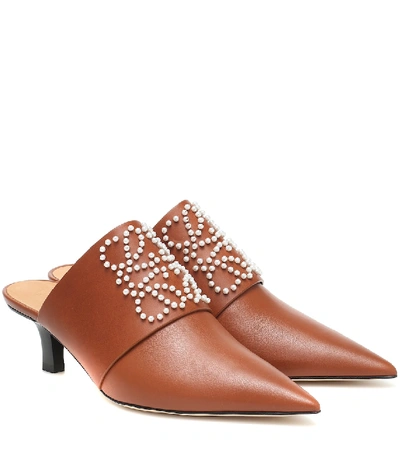 Shop Loewe Anagram Embellished Leather Mules In Brown