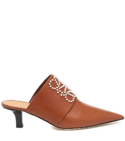 Shop Loewe Anagram Embellished Leather Mules In Brown